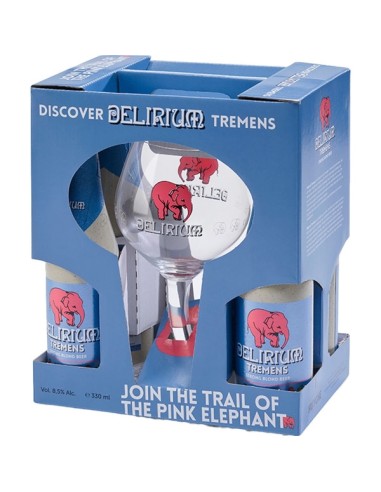 embalagem de 4x33cl de cerveja de marca DELIRIUM - TREMENS com copo de marca