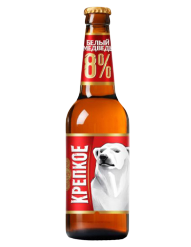 50cl bottle of beer branded BELIY MEDVED - KREPKOE BEAR WHITE RED BEAR, European Strong Lager style