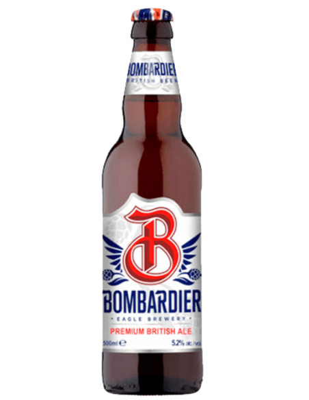 botella 33cl de cerveza de marca BOMBARDIER - AMBER BEER, stilo Extra Strong Bitter