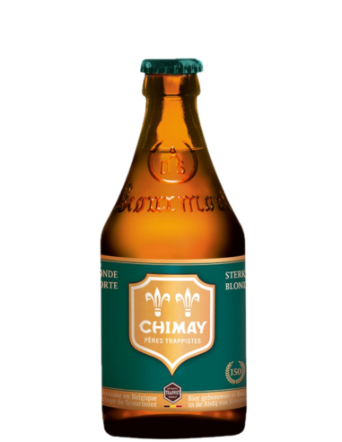 33cl bottle of beer branded CHIMAY - GREEN 150th ANNIVERSARY , Belgian Strong Pale Ale style