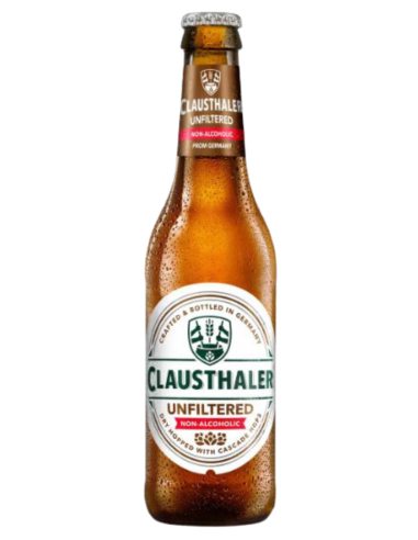 garrafa de 33cl de cerveja da marca CLAUSTHALER - NÃO FILTRADA, estilo Pale Lager (sem álcool)