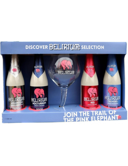 embalagem de marca 4x33clCerveja DELIRIRIUM com copo, estilos diferentes