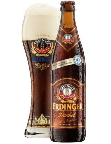 botella 50cl de cerveza de marca ERDINGER - DUNKEL con copa, estilo Hefeweizen Dunkel