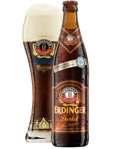 garrafa de 50cl de cerveja da marca ERDINGER - DUNKEL com copo, estilo Hefeweizen Dunkel