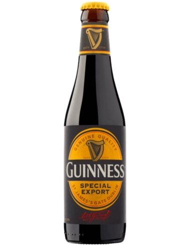 botella 33cl de cerveza de marca GUINNESS - SPECIAL EXPORT, estilo Irish Dry Stout