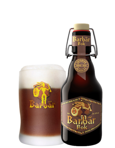 garrafa de 33cl de cerveja de marca BARBAR - BOK com copo, estilo Belgian Strong Dark Ale