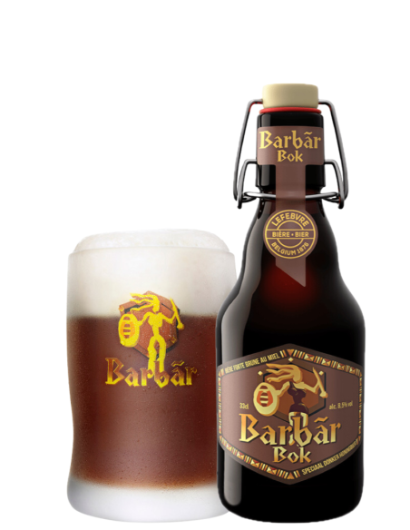 garrafa de 33cl de cerveja de marca BARBAR - BOK com copo, estilo Belgian Strong Dark Ale
