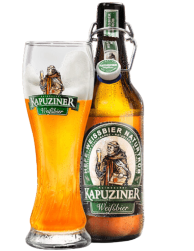botella 50cl de cerveza de marca KAPUZINER - HEFE-WEISSBIER NATURTRÜB con copa, estilo Weissbier