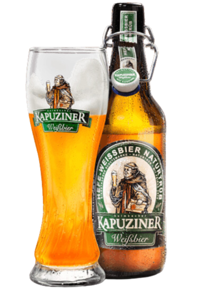 botella 50cl de cerveza de marca KAPUZINER - HEFE-WEISSBIER NATURTRÜB con copa, estilo Weissbier