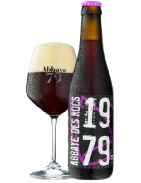 33cl bottle of beer branded l'Abbaye des Rocs with glass, Belgian Strong Dark Ale style