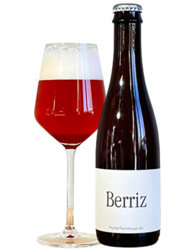 botella 37,5cl de cerveza de marca META - BERRIZ con copa, estilo Grisette Fruited Farmhouse Ale