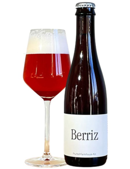 botella 37,5cl de cerveza de marca META - BERRIZ con copa, estilo Grisette Fruited Farmhouse Ale