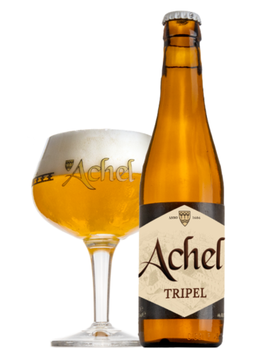 garrafa de 33cl de cerveja da marca Achel com copo, estilo Belgian Triple