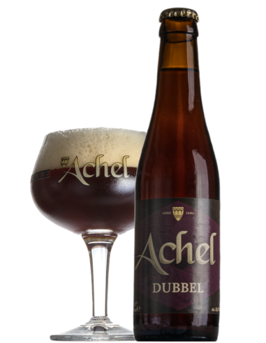 garrafa de 33cl de cerveja da marca Achel com copo, estilo Belgian Double