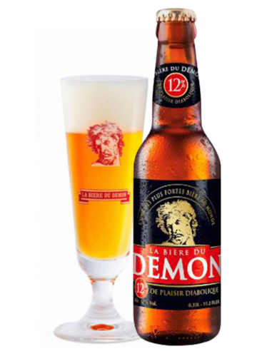 33cl bottle of beer brand BIERE - DU DEMON with glass, European Strong Lager style