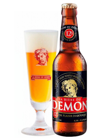 33cl bottle of beer brand BIERE - DU DEMON with glass, European Strong Lager style