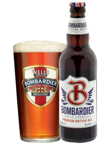 botella 33cl de cerveza de marca BOMBARDIER - AMBER BEER con copa, stilo Extra Strong Bitter
