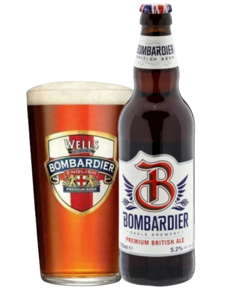 botella 33cl de cerveza de marca BOMBARDIER - AMBER BEER con copa, stilo Extra Strong Bitter