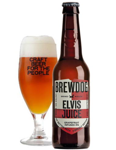 garrafa de 33cl de cerveja de marca ELVIS JUICE IPA com copo, estilo IPA com infusão de toranja