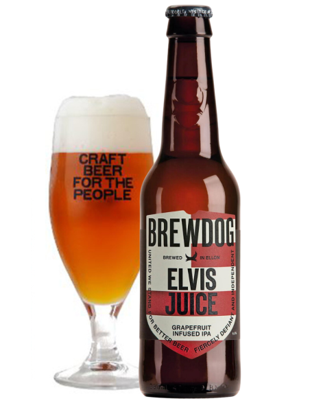 garrafa de 33cl de cerveja de marca ELVIS JUICE IPA com copo, estilo IPA com infusão de toranja