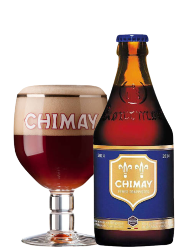 bottle 33cl of beer branded CHIMAY - BLUE with glass, Belgian Strong Dark Ale style