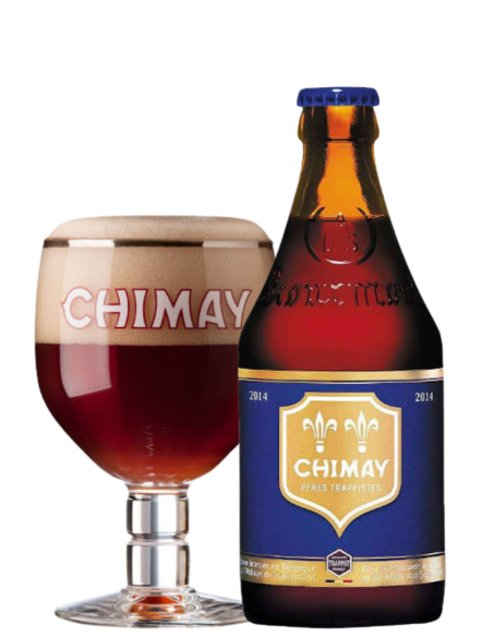 bottle 33cl of beer branded CHIMAY - BLUE with glass, Belgian Strong Dark Ale style