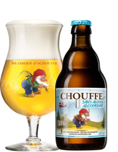 33cl bottle of CHOUFFE brand beer - ALCOHOL-FREE with glass, Belgian Pale Ale style