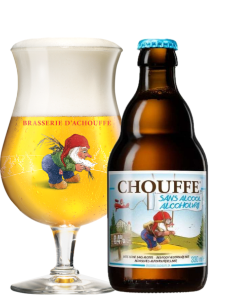 botella 33cl de cerveza de marca CHOUFFE - SIN ALCOHOL con copa, estilo Belgian Pale Ale
