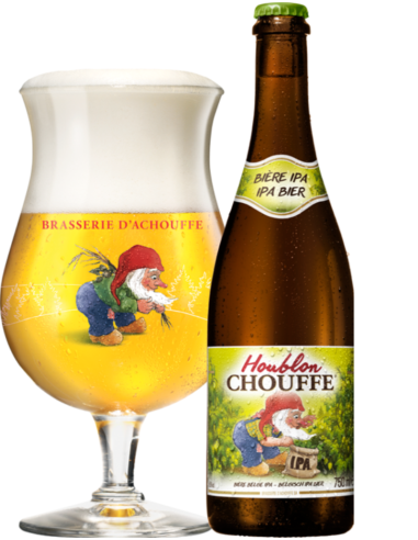 garrafa de 75cl de cerveja de marca CHOUFFE - HOUBLON com copo, estilo Belgian IPA