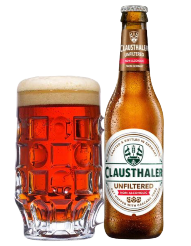 botella 33cl de cerveza de marca CLAUSTHALER - UNFILTERED con copa, estilo Pale Lager  (Sin Alcohol)