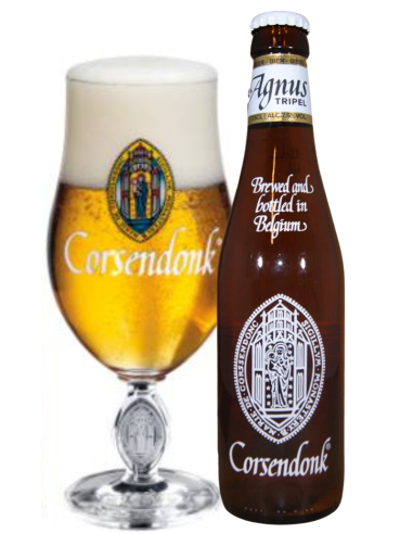 botella 33cl de cerveza de marca CORSENDONK - AGNUS con copa, estilo Belgian Triple