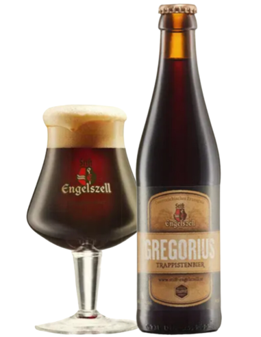 botella 33cl de cerveza de marca ENGELSZELL - GREGORIUS TRAPPISTENBIER con copa, estilo Belgian Strong Dark Ale