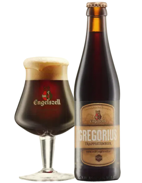 botella 33cl de cerveza de marca ENGELSZELL - GREGORIUS TRAPPISTENBIER con copa, estilo Belgian Strong Dark Ale