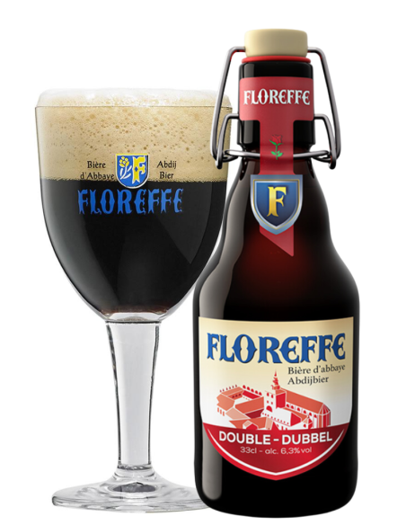botella 33cl de cerveza de marca FLOREFFE - DOUBLE con copa, estilo Belgian Dubbel