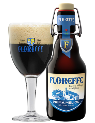 garrafa de 33cl de cerveja da marca FLOREFFE - PRIMA MELIOR com copo, estilo Belgian Strong Dark Ale