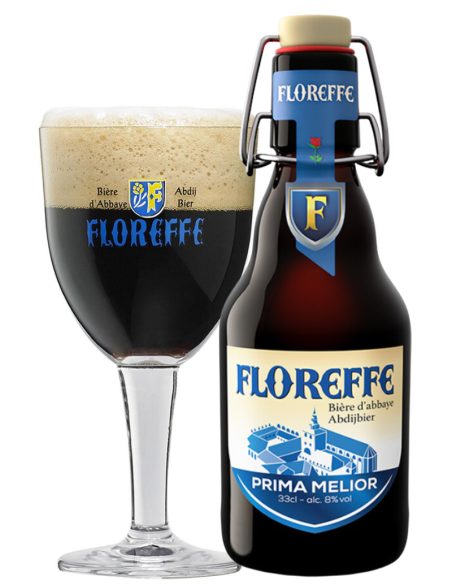 garrafa de 33cl de cerveja da marca FLOREFFE - PRIMA MELIOR com copo, estilo Belgian Strong Dark Ale