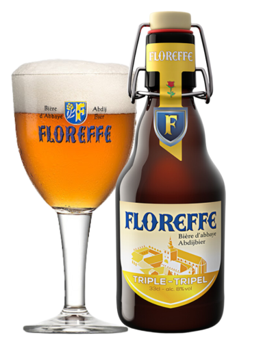 garrafa de 33cl de cerveja da marca FLOREFFE - TRIPLE com copo, estilo Triplo Belga