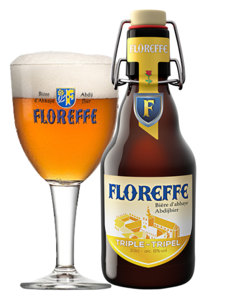 garrafa de 33cl de cerveja da marca FLOREFFE - TRIPLE com copo, estilo Triplo Belga