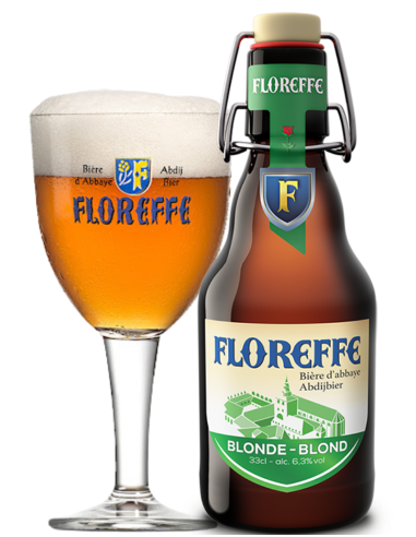botella 33cl de cerveza de marca FLOREFFE - BLONDE con copa, estilo Belgian Blond Ale