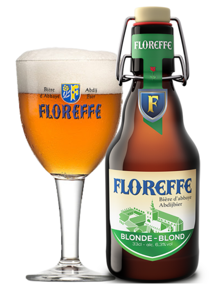 botella 33cl de cerveza de marca FLOREFFE - BLONDE con copa, estilo Belgian Blond Ale