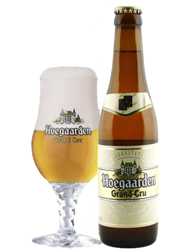 botella 33cl de cerveza de marca HOEGAARDEN - GRAND CRU con copa, estilo elgian Strong Pale Ale
