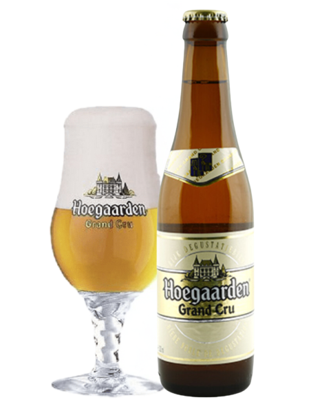 garrafa de 33cl de cerveja da marca HOEGAARDEN - GRAND CRU com copo, estilo elgian Strong Pale Ale