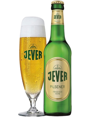garrafa de 33cl de cerveja da marca JEVER - PILSENER com copo, estilo Pilsner alemão