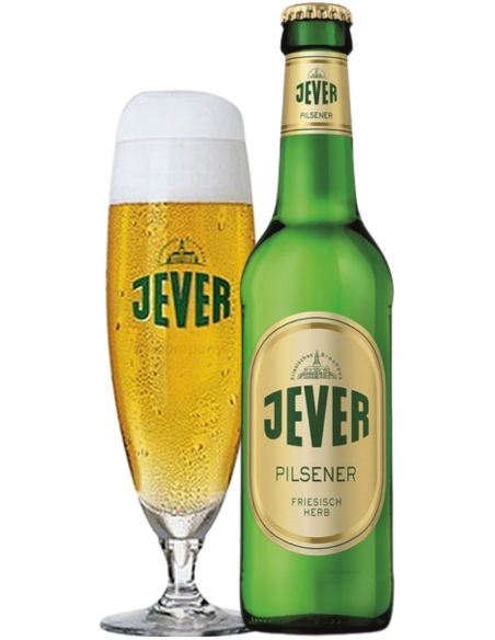 garrafa de 33cl de cerveja da marca JEVER - PILSENER com copo, estilo Pilsner alemão