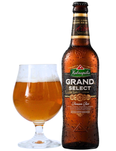 50cl bottle of KALNAPILIS brand beer - GRAND SELECT with glass, European Pale Lager style