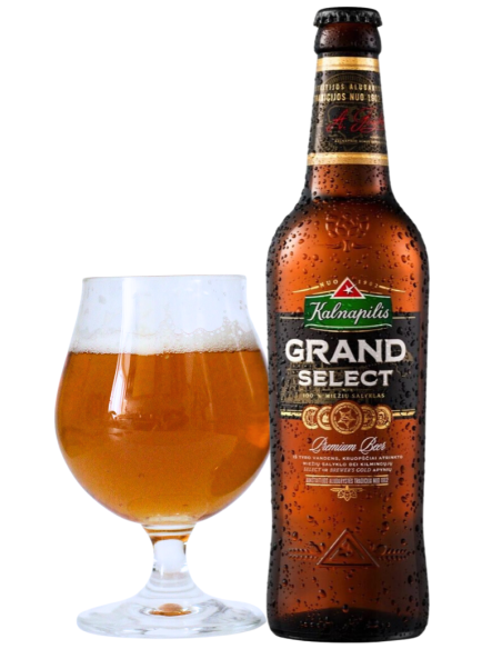 50cl bottle of KALNAPILIS brand beer - GRAND SELECT with glass, European Pale Lager style