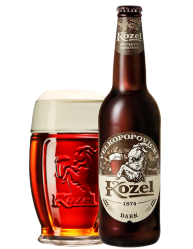 botella 50cl de cerveza de marca KOZEL - DARK con copa, estilo Czech Dark Lager