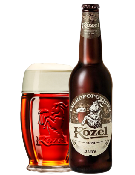botella 50cl de cerveza de marca KOZEL - DARK con copa, estilo Czech Dark Lager