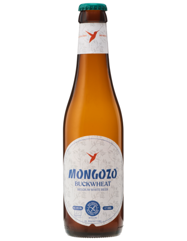 garrafa de 33cl de cerveja da marca MONGOZO - BUCKWHEAT, estilo Belgian White Beer (sem glúten)