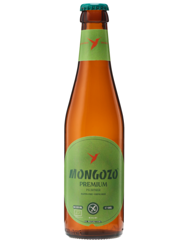 garrafa de 33cl de cerveja da marca MONGOZO - PREMIUM PILSNER, estilo Pilsner alemã (sem glúten)